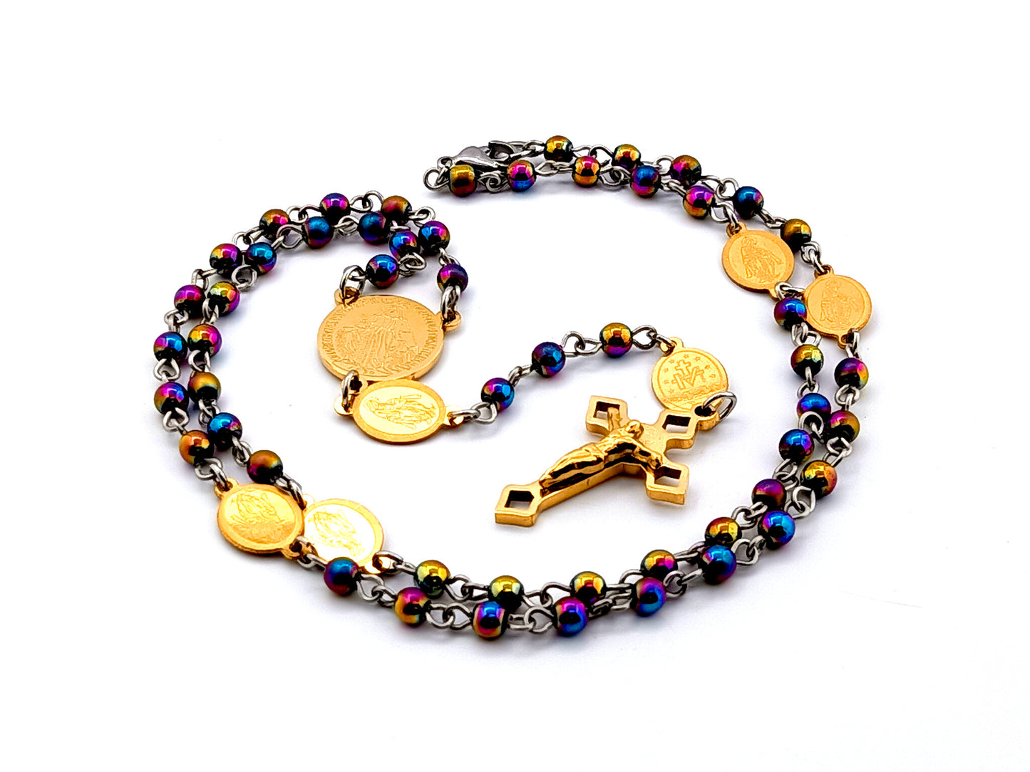 Saint Benedict unique rosary beads hematite gemstone miniature wearable necklace rosary beads with gold plated stainless steel Saint Benedict crucifix.