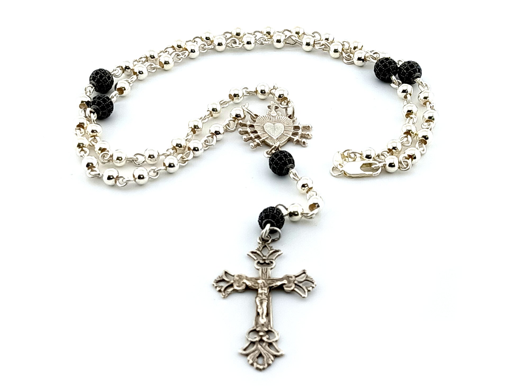 Our Lady of Sorrows and The Sacred Heart of Jesus Unique Rosary beads sterling silver wearable rosary bead necklace with sterling silver Crucifix and crystal and 925 silver and crystal Our Father beads.