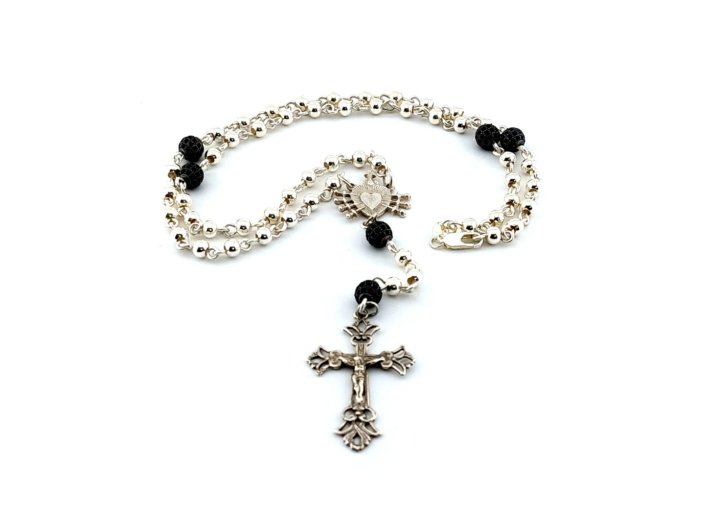 Our Lady of Sorrows and The Sacred Heart of Jesus Unique Rosary beads sterling silver wearable rosary bead necklace with sterling silver Crucifix and crystal and 925 silver and crystal Our Father beads.