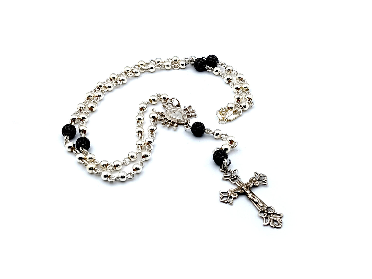 Our Lady of Sorrows and The Sacred Heart of Jesus Unique Rosary beads sterling silver wearable rosary bead necklace with sterling silver Crucifix and crystal and 925 silver and crystal Our Father beads.