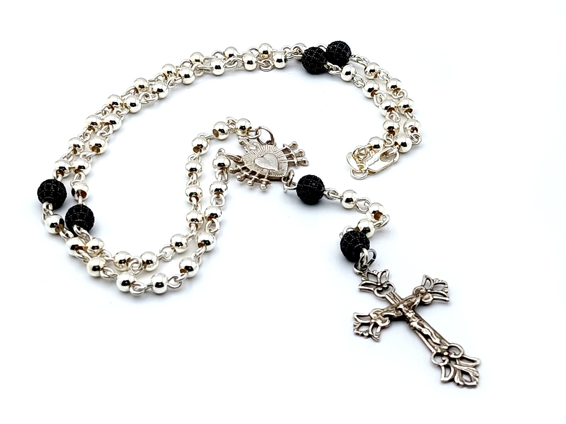 Our Lady of Sorrows and The Sacred Heart of Jesus Unique Rosary beads sterling silver wearable rosary bead necklace with sterling silver Crucifix and crystal and 925 silver and crystal Our Father beads.