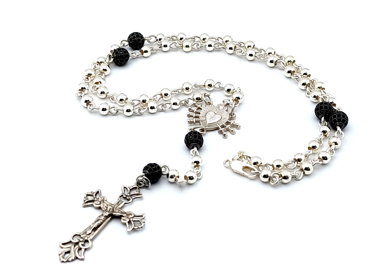 Our Lady of Sorrows and The Sacred Heart of Jesus Unique Rosary beads sterling silver wearable rosary bead necklace with sterling silver Crucifix and crystal and 925 silver and crystal Our Father beads.