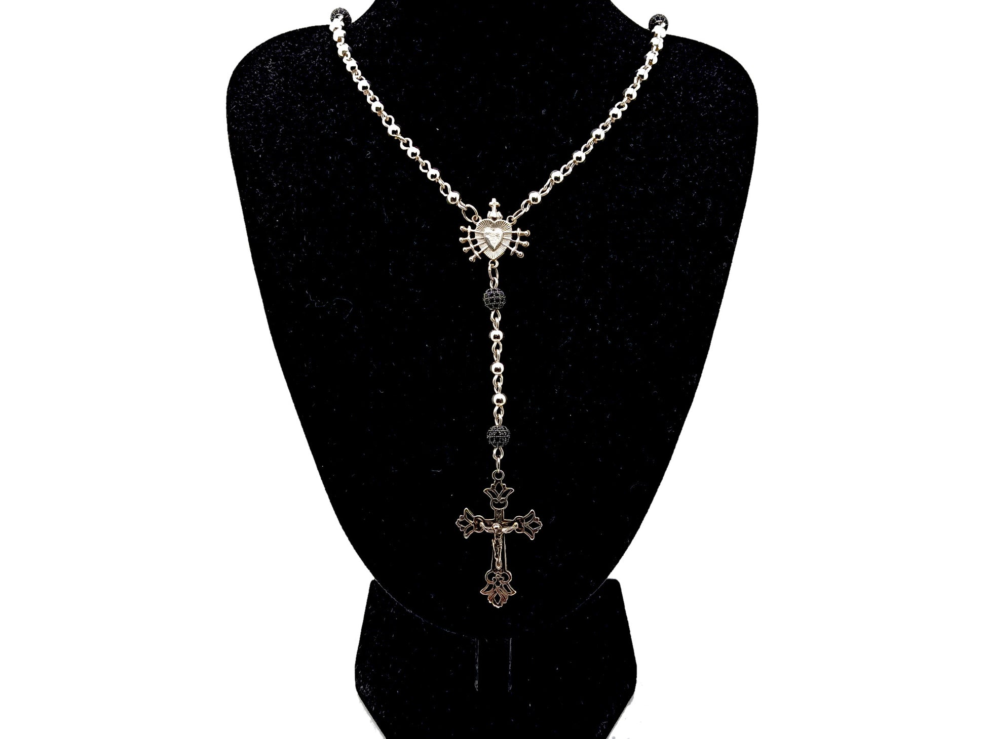 Our Lady of Sorrows and The Sacred Heart of Jesus Unique Rosary beads sterling silver wearable rosary bead necklace with sterling silver Crucifix and crystal and 925 silver and crystal Our Father beads.