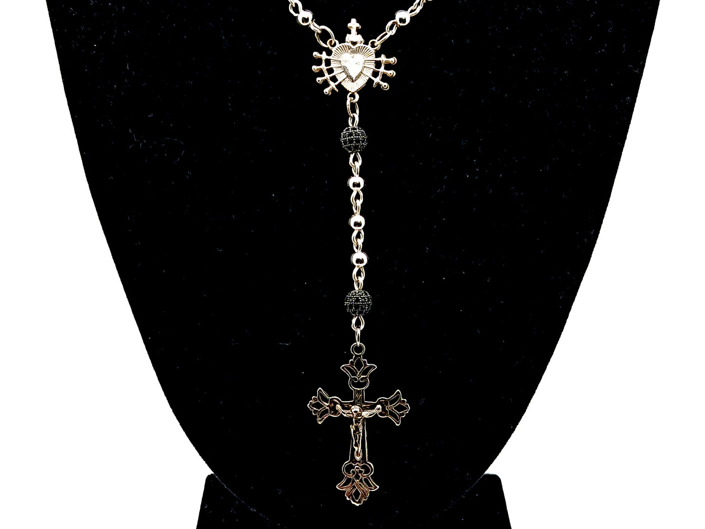 Our Lady of Sorrows and The Sacred Heart of Jesus Unique Rosary beads sterling silver wearable rosary bead necklace with sterling silver Crucifix and crystal and 925 silver and crystal Our Father beads.