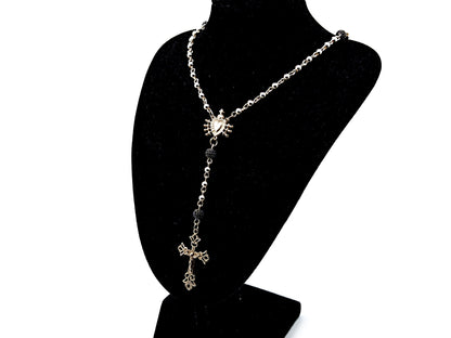 Our Lady of Sorrows and The Sacred Heart of Jesus Unique Rosary beads sterling silver wearable rosary bead necklace with sterling silver Crucifix and crystal and 925 silver and crystal Our Father beads.