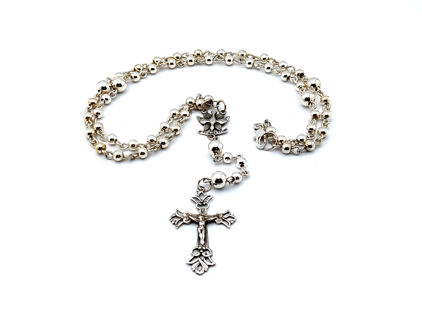 Holy Spirit 925 sterling silver unique rosary beads wearable rosary beads with 925 sterling silver Our Father beads and sterling silver filigree crucifix.