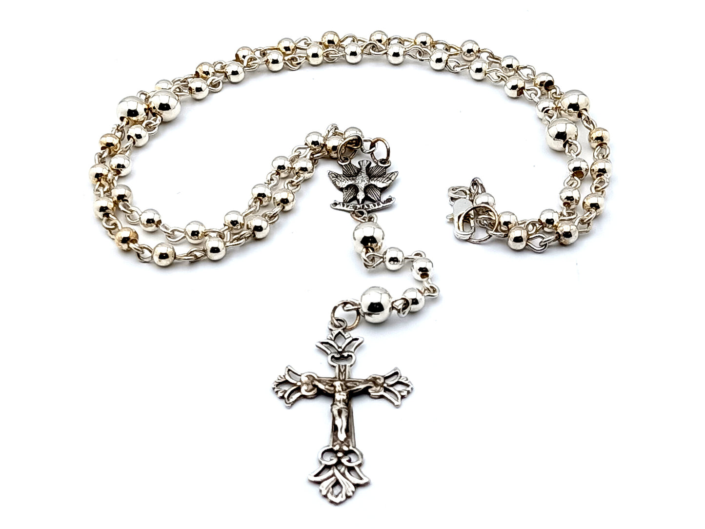 Holy Spirit 925 sterling silver unique rosary beads wearable rosary beads with 925 sterling silver Our Father beads and sterling silver filigree crucifix.