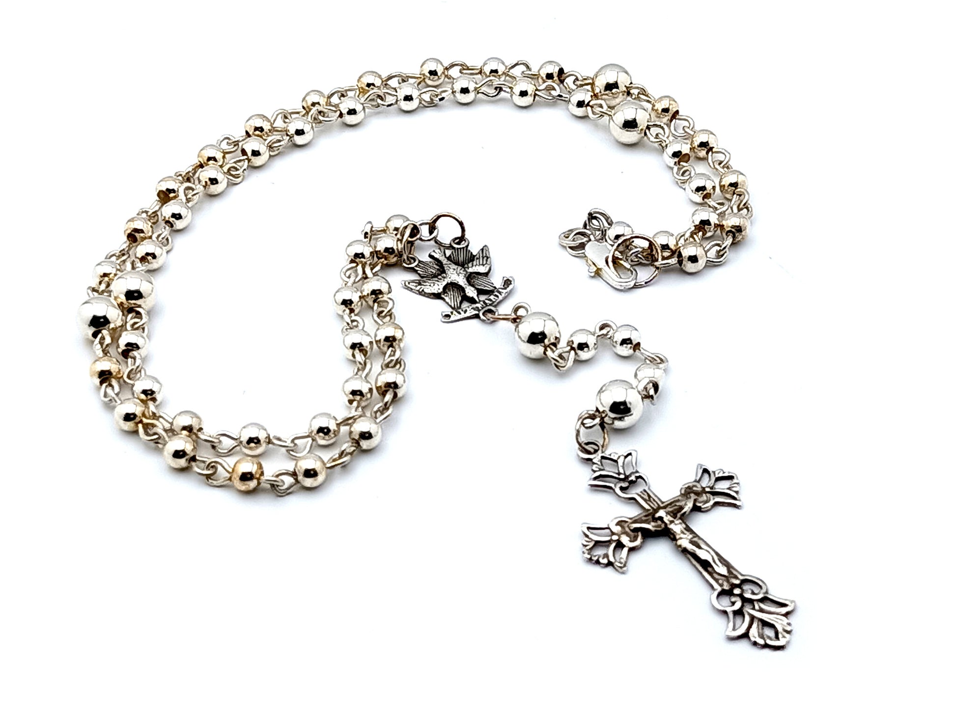 Holy Spirit 925 sterling silver unique rosary beads wearable rosary beads with 925 sterling silver Our Father beads and sterling silver filigree crucifix.