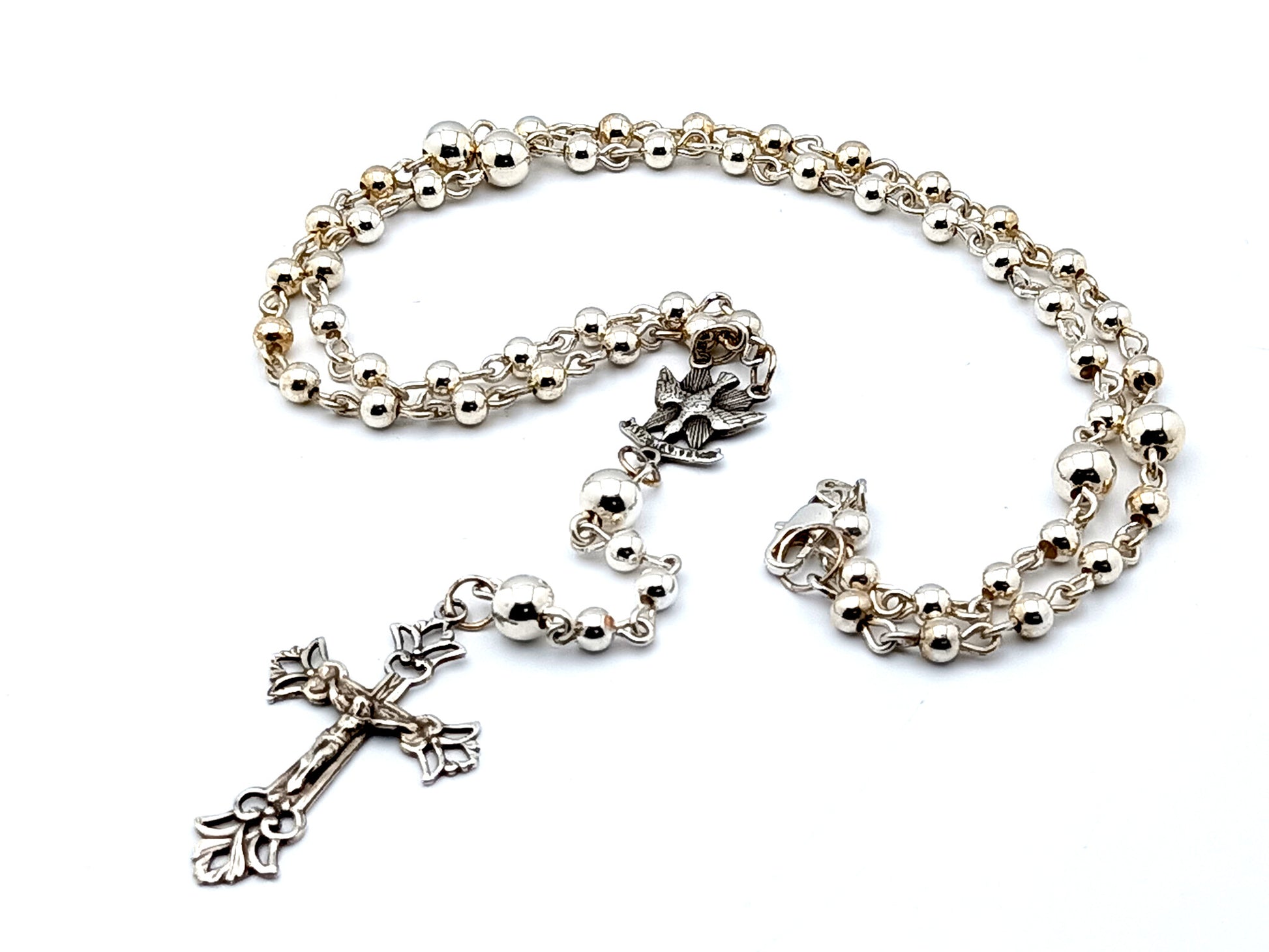 Holy Spirit 925 sterling silver unique rosary beads wearable rosary beads with 925 sterling silver Our Father beads and sterling silver filigree crucifix.