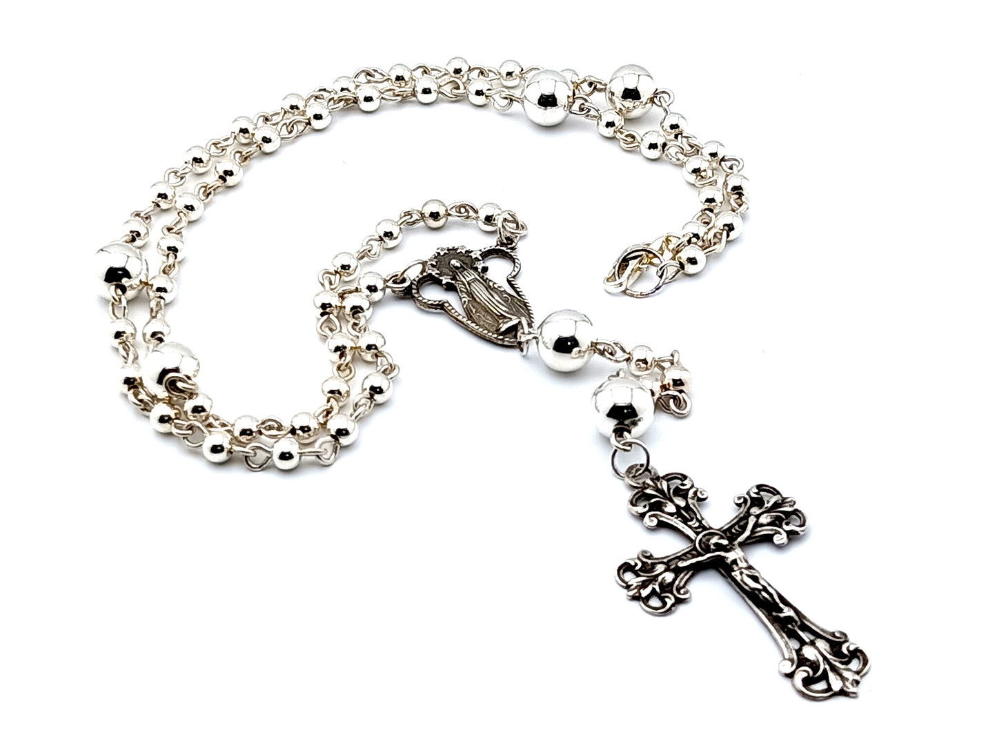 Our Lady of Grace and The Sacred Heart of Jesus unique rosary beads  925 sterling silver wearable rosary beads with sterling silver Our father beads and crucifix.