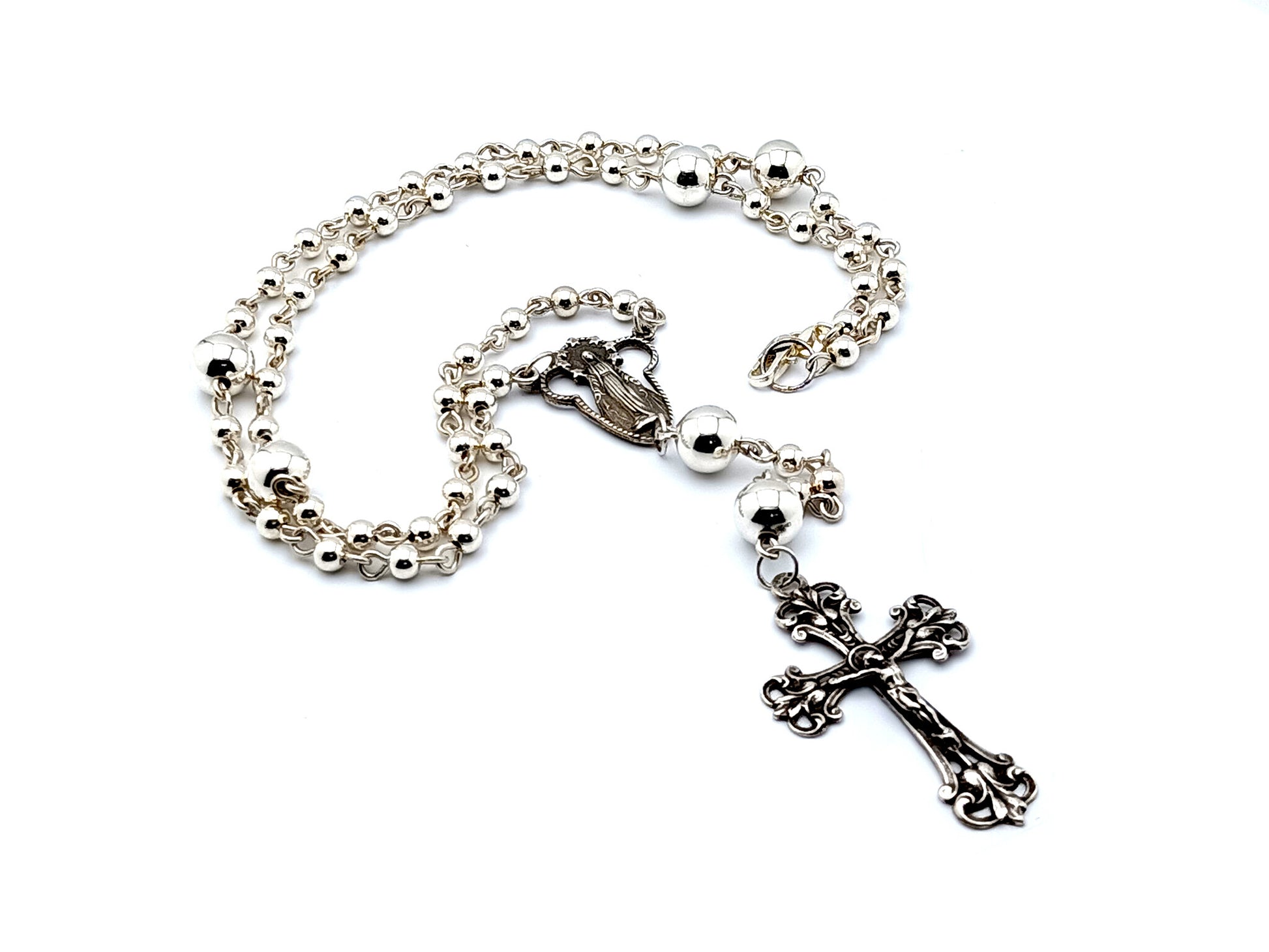 Our Lady of Grace and The Sacred Heart of Jesus unique rosary beads  925 sterling silver wearable rosary beads with sterling silver Our father beads and crucifix.