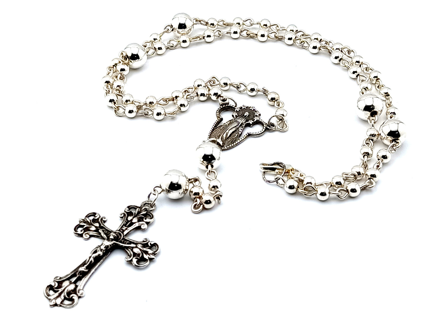 Our Lady of Grace and The Sacred Heart of Jesus unique rosary beads  925 sterling silver wearable rosary beads with sterling silver Our father beads and crucifix.