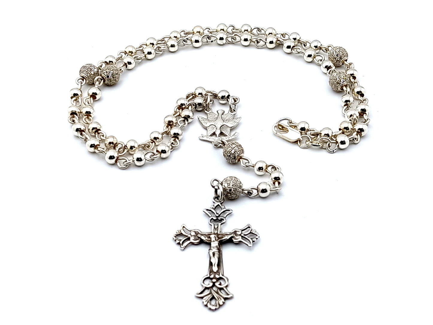 Holy Spirit 925 sterling silver unique rosary beads wearable rosary beads with crystal 925 sterling silver Our Father beads and sterling silver filigree crucifix