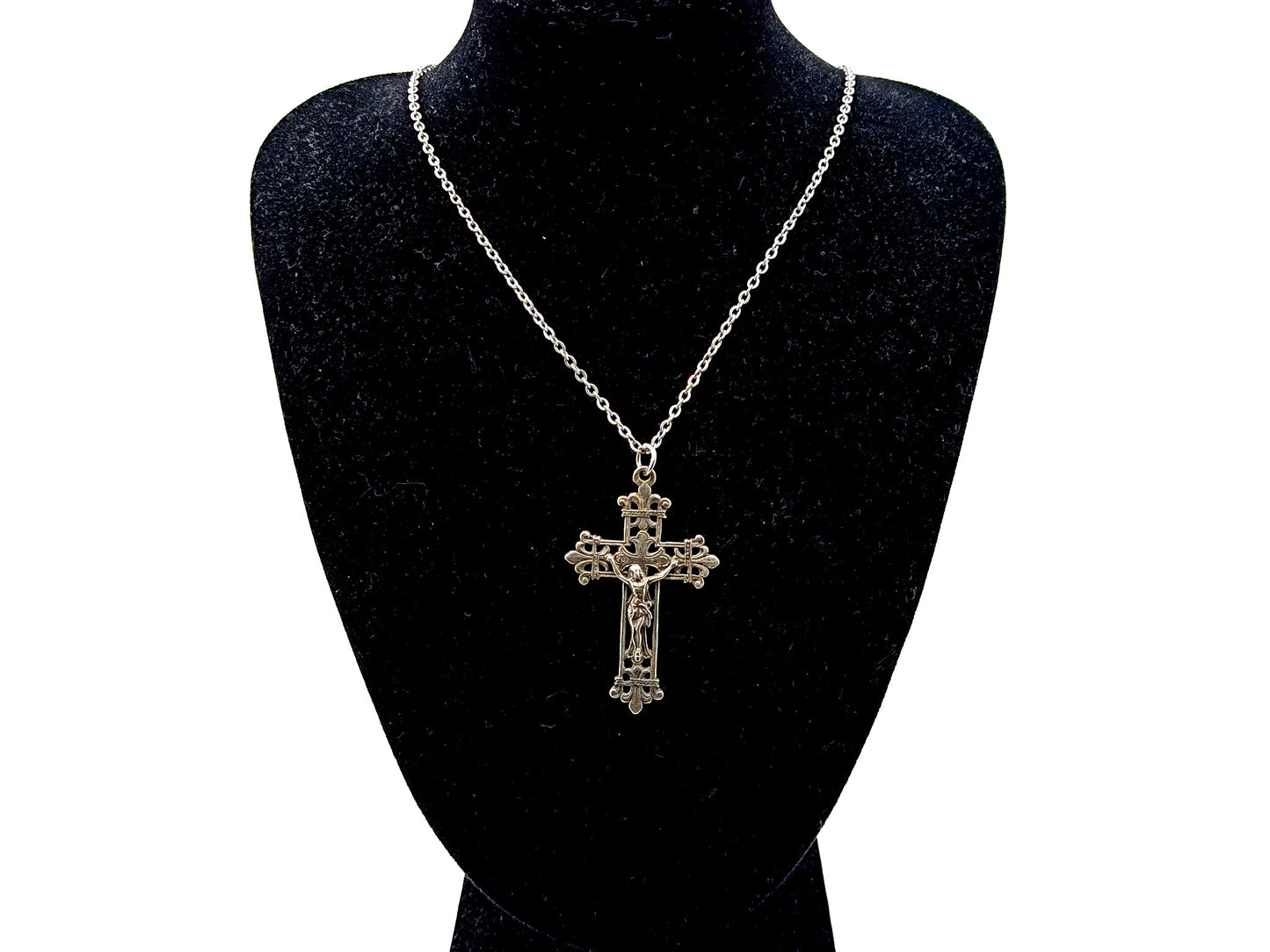 925 sterling silver unique rosary beads filigree design wearable crucifix and stainless steel 18" chain.