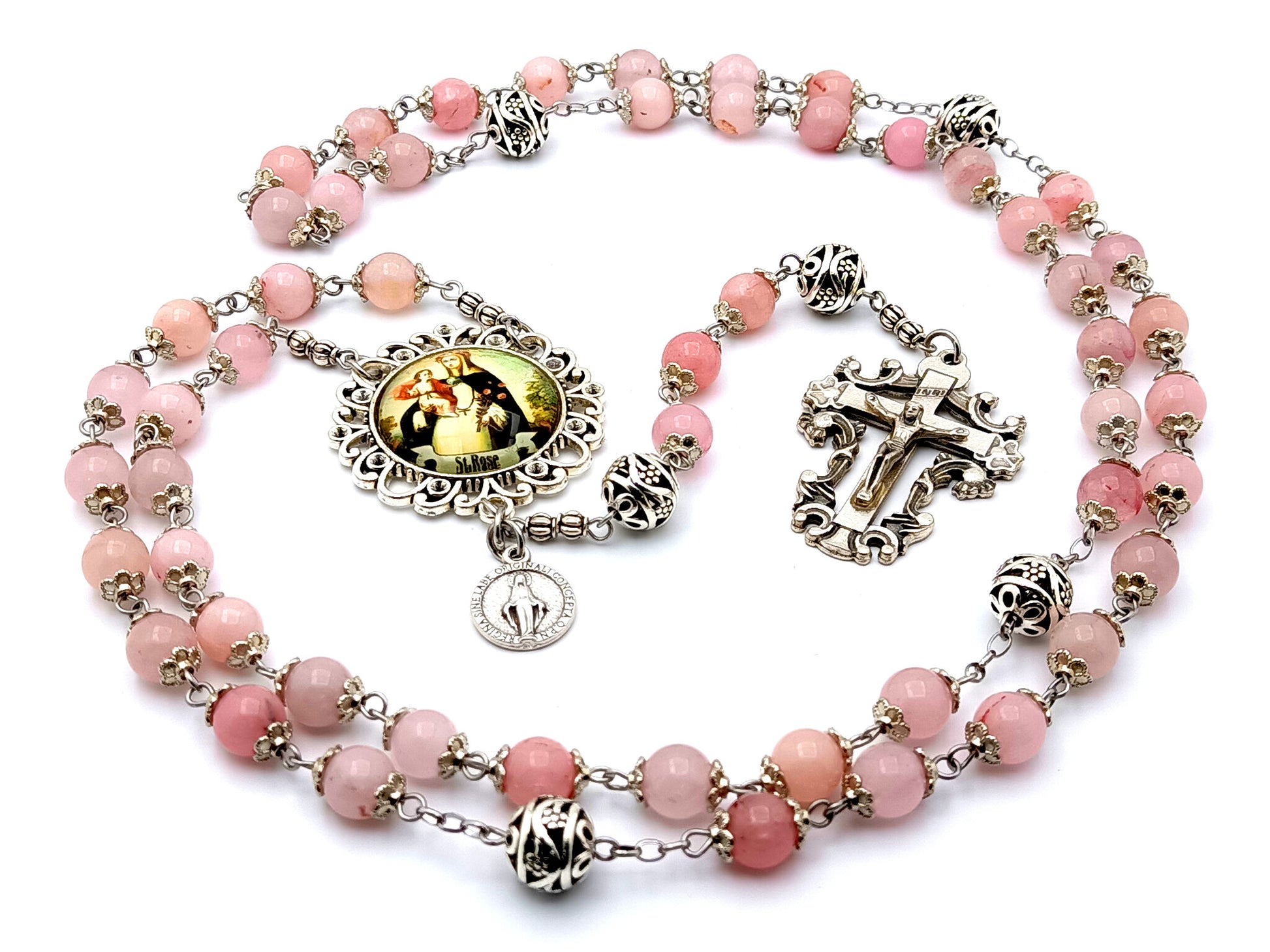 Saint Rose of Lima unique rosary beads rose quartz gemstone rosary beads with Miraculous medal and filigree crucifix.