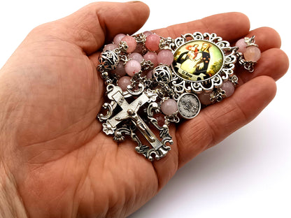 Saint Rose of Lima rose quartz gemstone rosary beads with Miraculous medal and filigree crucifix.