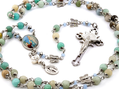 Our Lady of Lourdes and Saint Bernadette unique rosary beads gemstone rosary beads with butterfly Our Father beads and Holy Spirit medal.