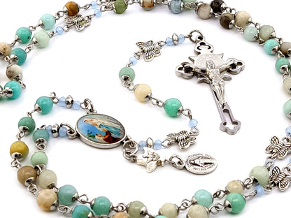 Our Lady of Lourdes and Saint Bernadette unique rosary beads gemstone rosary beads with butterfly Our Father beads and Holy Spirit medal.