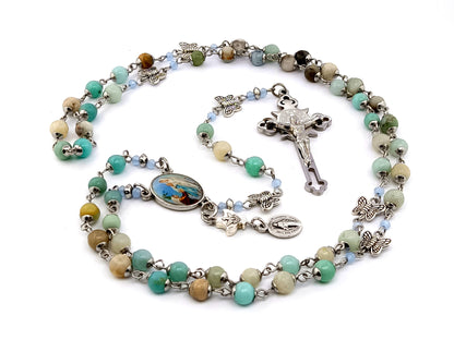 Our Lady of Lourdes and Saint Bernadette unique rosary beads gemstone rosary beads with butterfly Our Father beads and Holy Spirit medal.