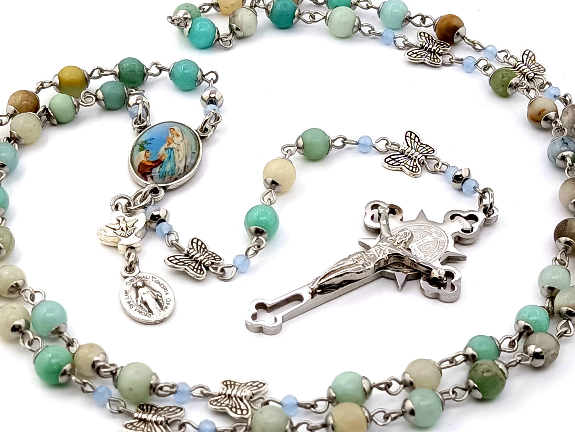 Our Lady of Lourdes and Saint Bernadette unique rosary beads gemstone rosary beads with butterfly Our Father beads and Holy Spirit medal.