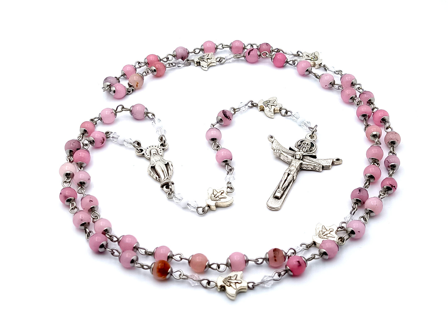 Our Lady of Grace and The Holy Spirit unique rosary beads gemstone rosary beads with Holy Trinity silver crucifix.