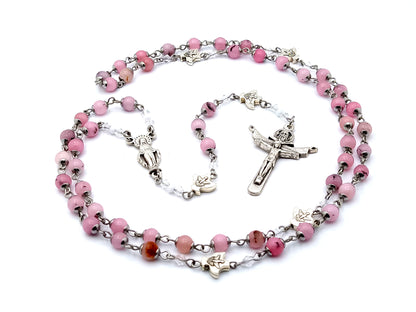 Our Lady of Grace and The Holy Spirit unique rosary beads gemstone rosary beads with Holy Trinity silver crucifix.