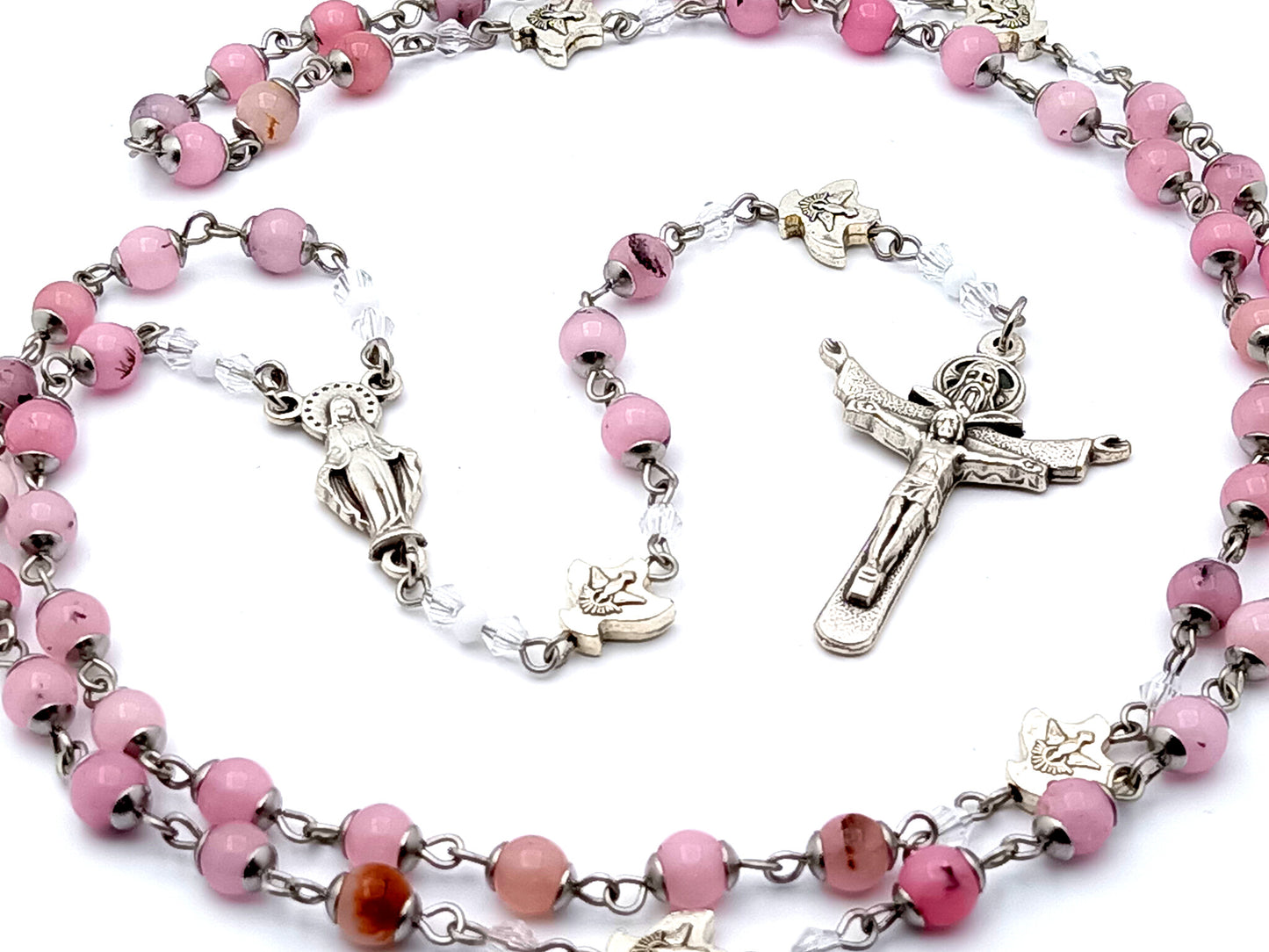 Our Lady of Grace and The Holy Spirit unique rosary beads gemstone rosary beads with Holy Trinity silver crucifix.