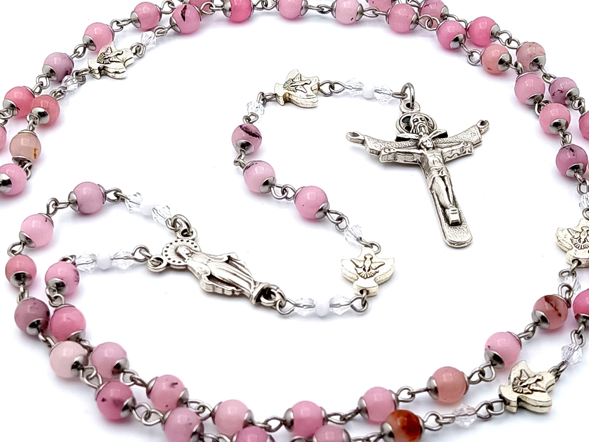 Our Lady of Grace and The Holy Spirit unique rosary beads gemstone rosary beads with Holy Trinity silver crucifix.