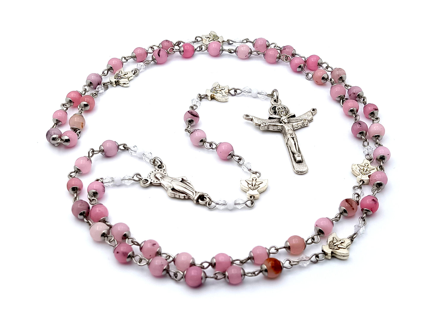 Our Lady of Grace and The Holy Spirit unique rosary beads gemstone rosary beads with Holy Trinity silver crucifix.