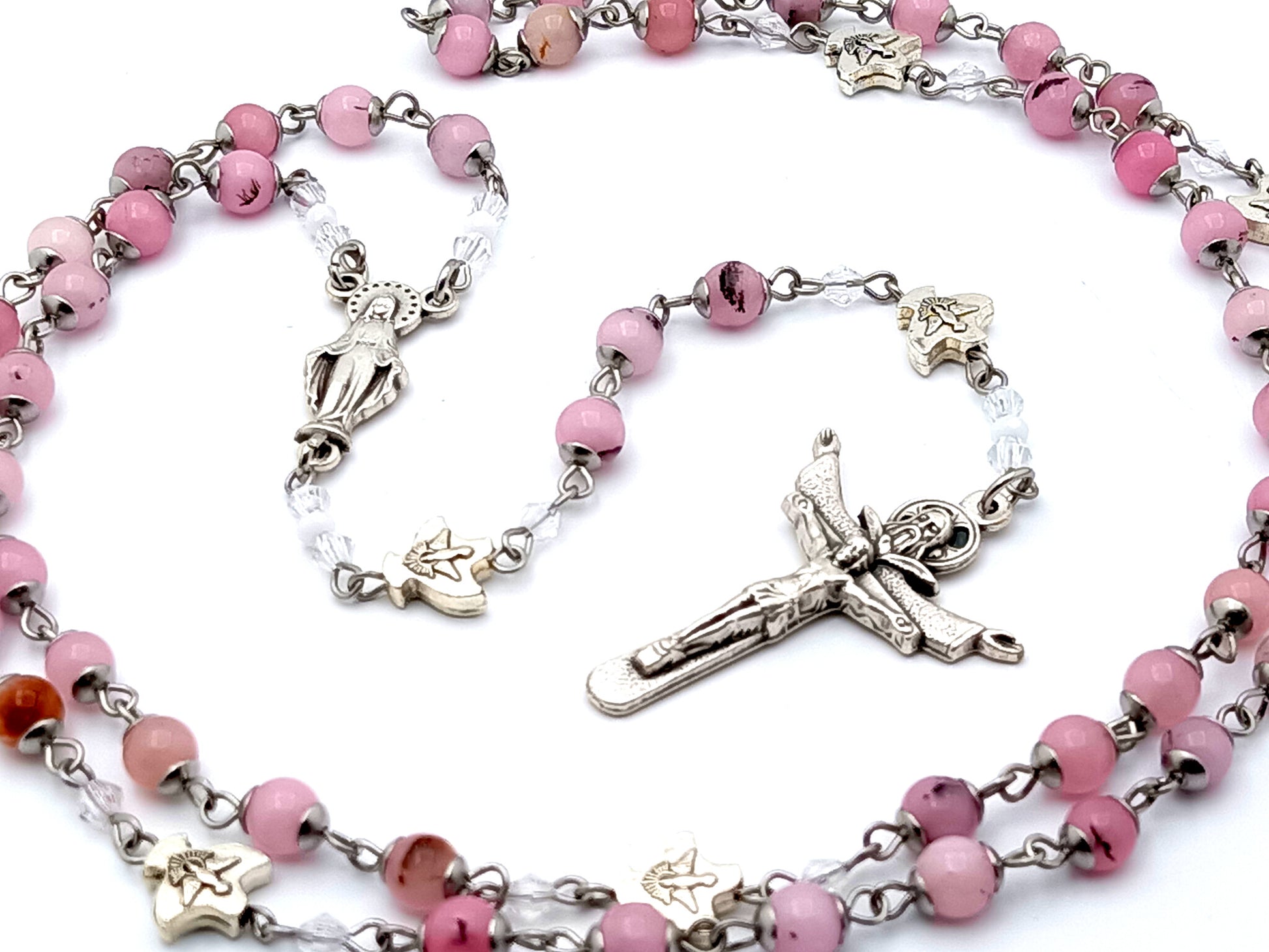 Our Lady of Grace and The Holy Spirit unique rosary beads gemstone rosary beads with Holy Trinity silver crucifix.