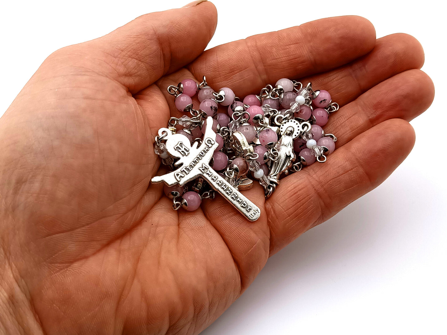 Our Lady of Grace and The Holy Spirit unique rosary beads gemstone rosary beads with Holy Trinity silver crucifix.