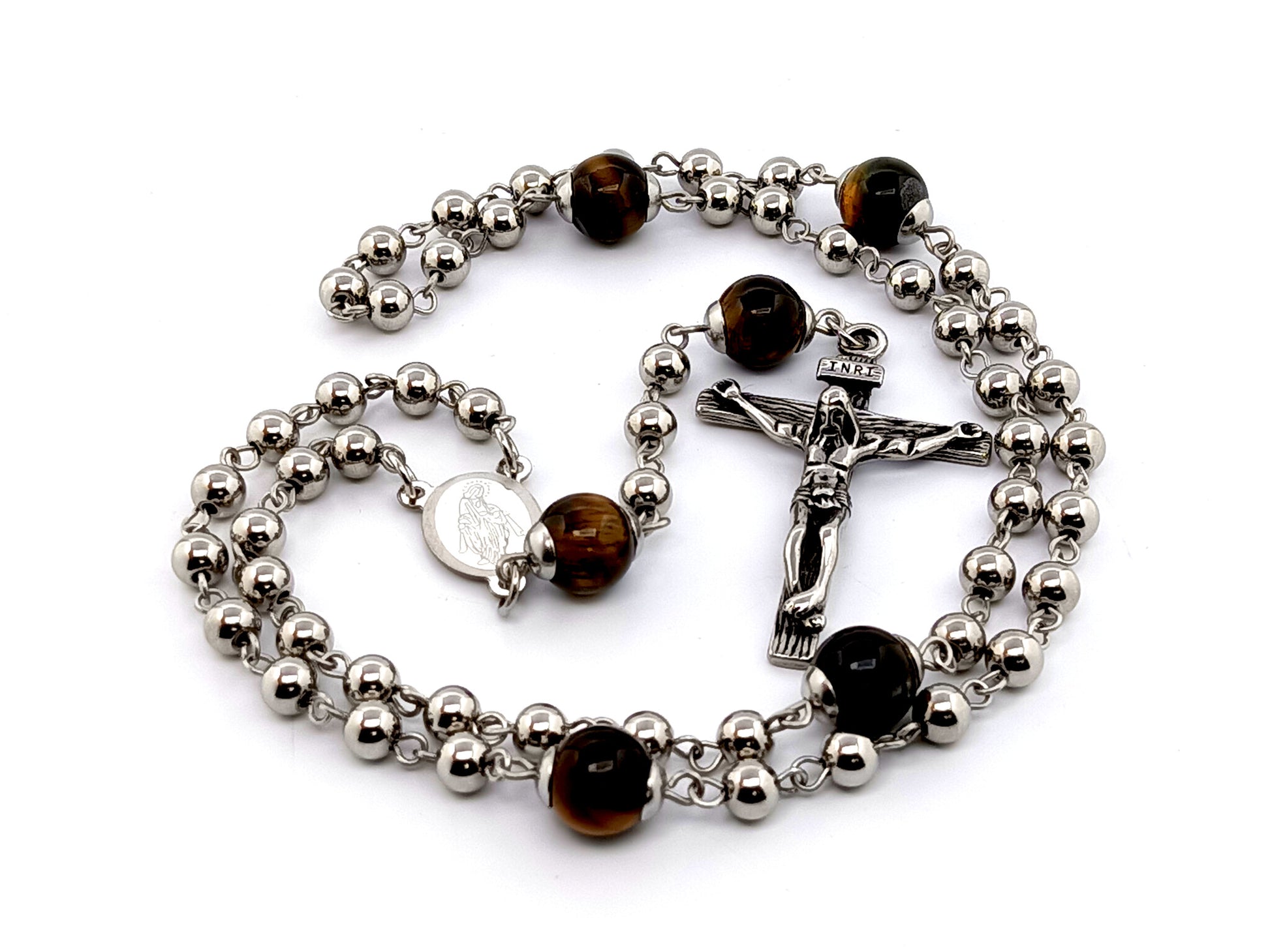 Our Lady of Grace unique rosary beads stainless steel rosary beads with tigers eye gemstone Our father beads.