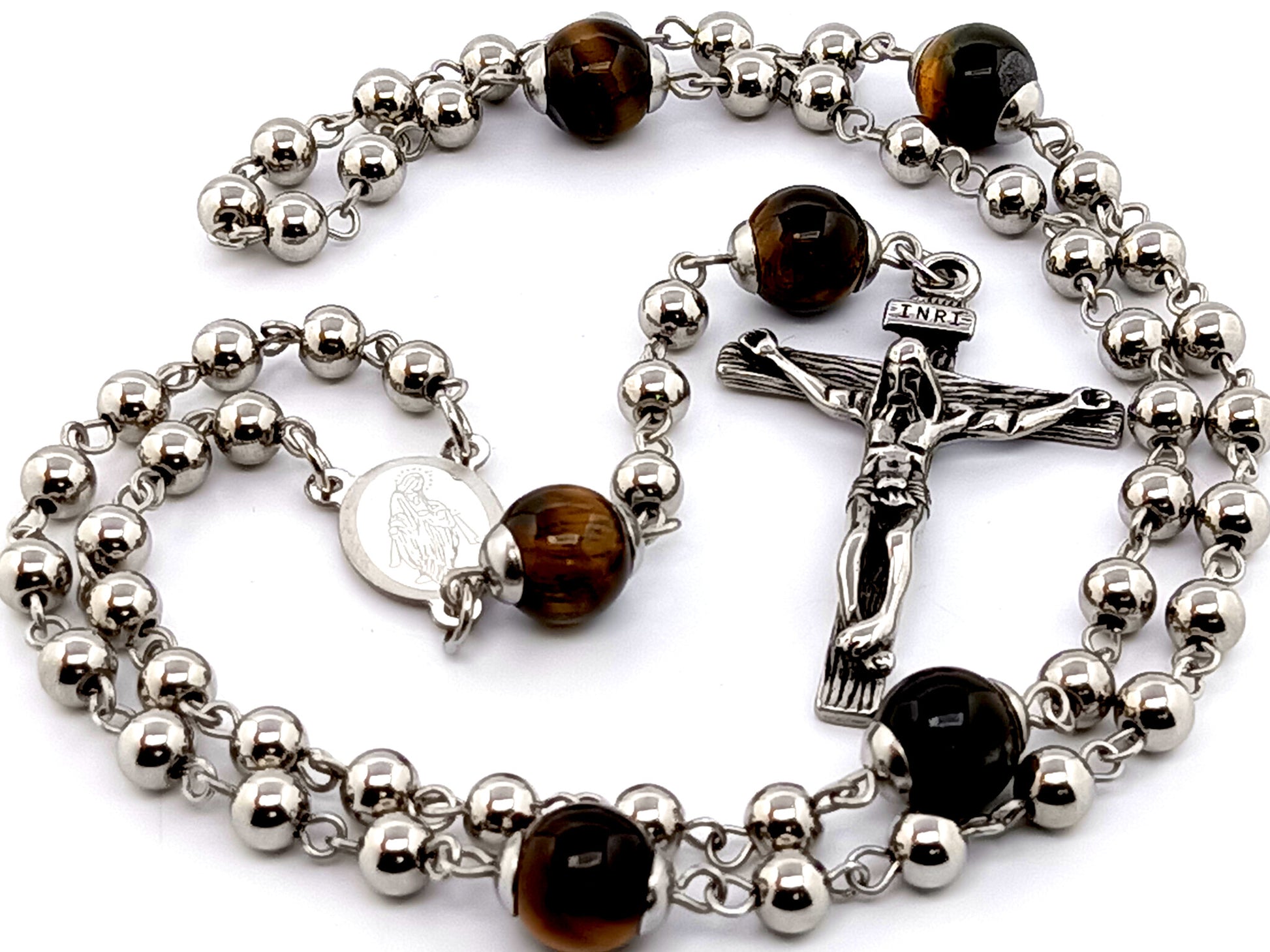 Our Lady of Grace unique rosary beads stainless steel rosary beads with tigers eye gemstone Our father beads.