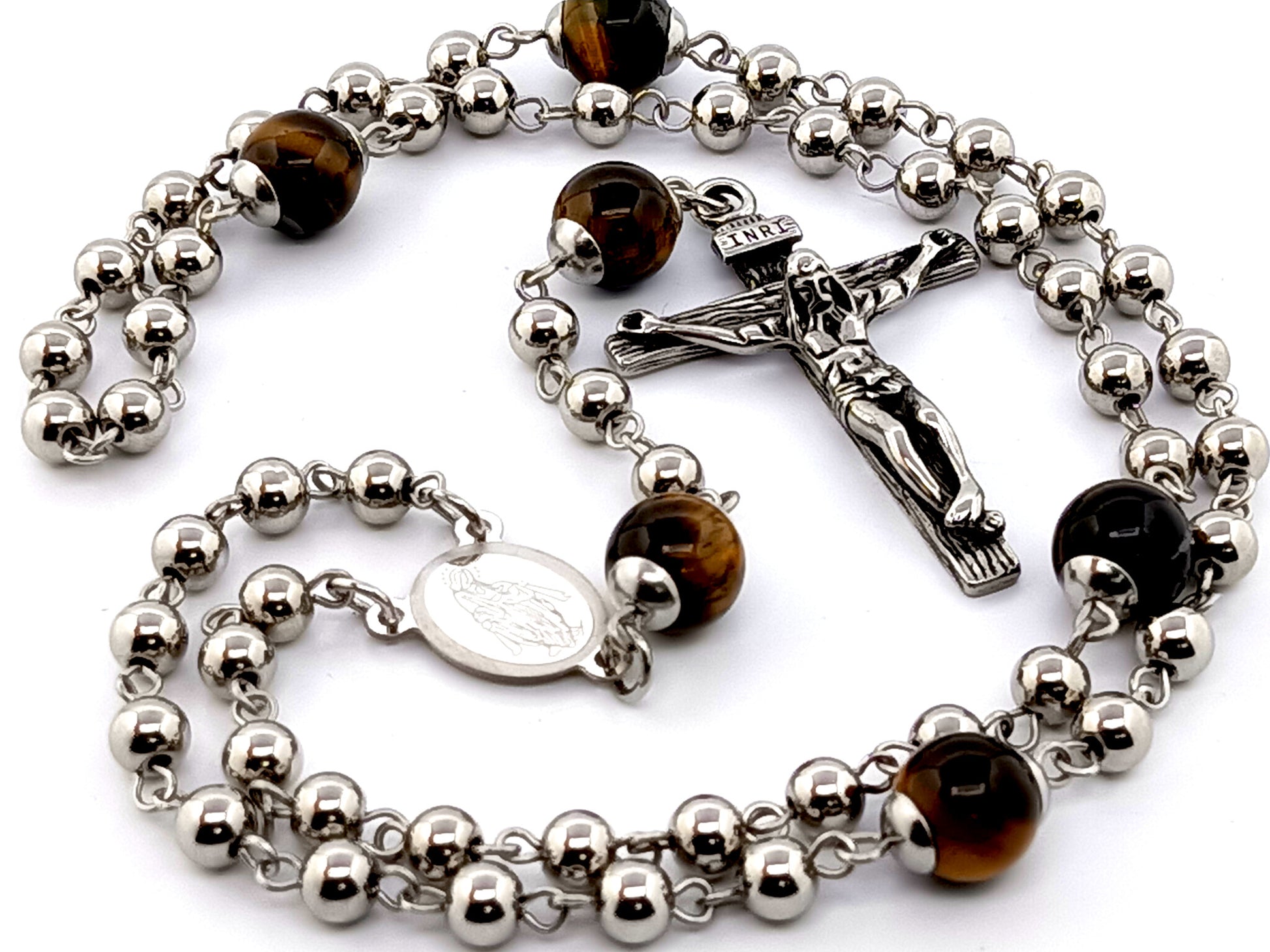 Our Lady of Grace unique rosary beads stainless steel rosary beads with tigers eye gemstone Our father beads.