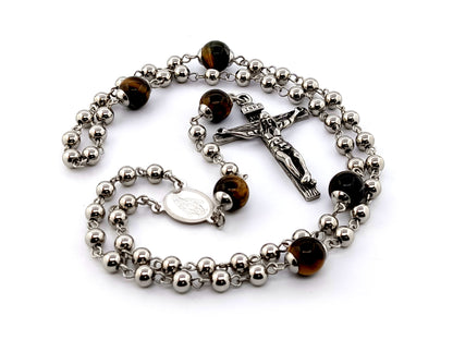 Our Lady of Grace unique rosary beads stainless steel rosary beads with tigers eye gemstone Our father beads.