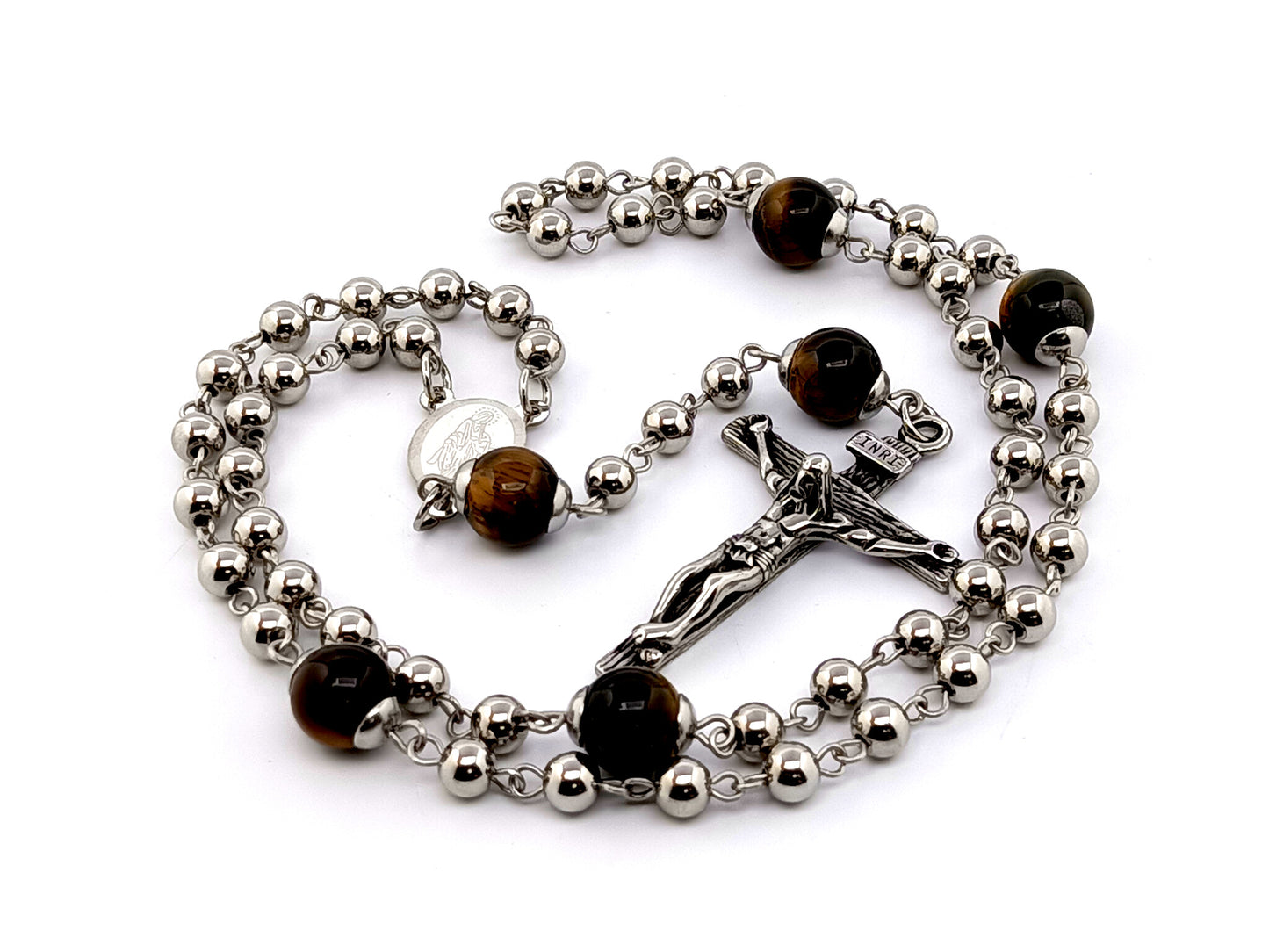 Our Lady of Grace unique rosary beads stainless steel rosary beads with tigers eye gemstone Our father beads.