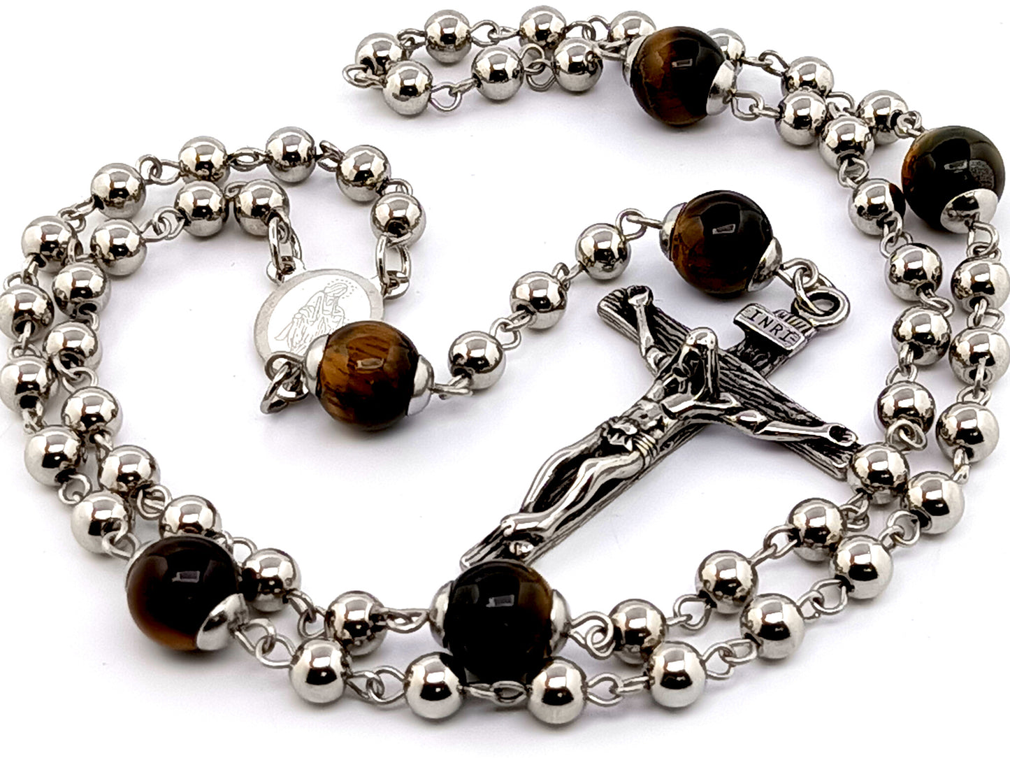 Our Lady of Grace unique rosary beads stainless steel rosary beads with tigers eye gemstone Our father beads.