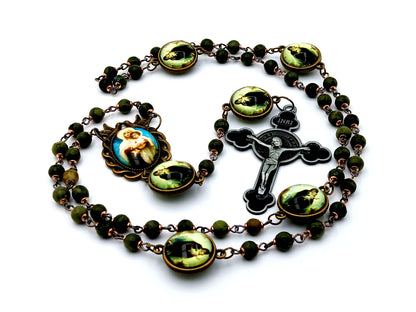 Virgin Mary and Child Jesus unique rosary beads gemstone rosary beads with Holy Spirit domed center medal and Saint Benedict crucifix.