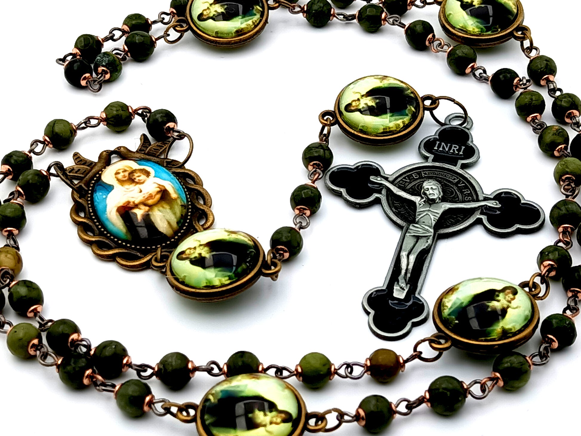 Virgin Mary and Child Jesus unique rosary beads gemstone rosary beads with Holy Spirit domed center medal and Saint Benedict crucifix.