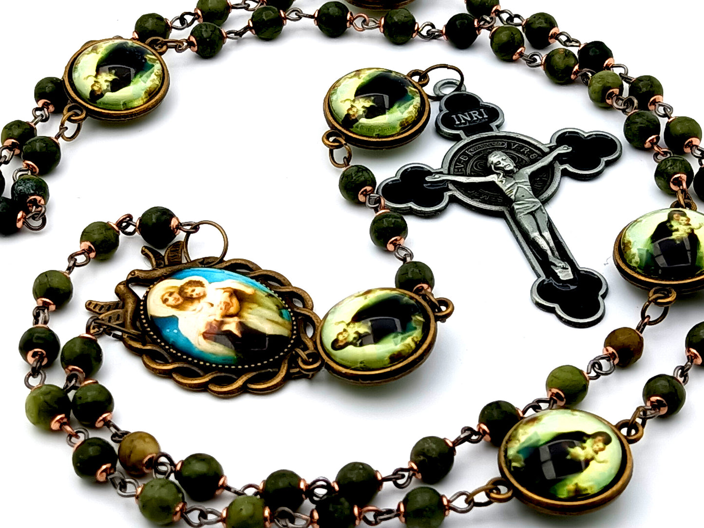 Virgin Mary and Child Jesus unique rosary beads gemstone rosary beads with Holy Spirit domed center medal and Saint Benedict crucifix.