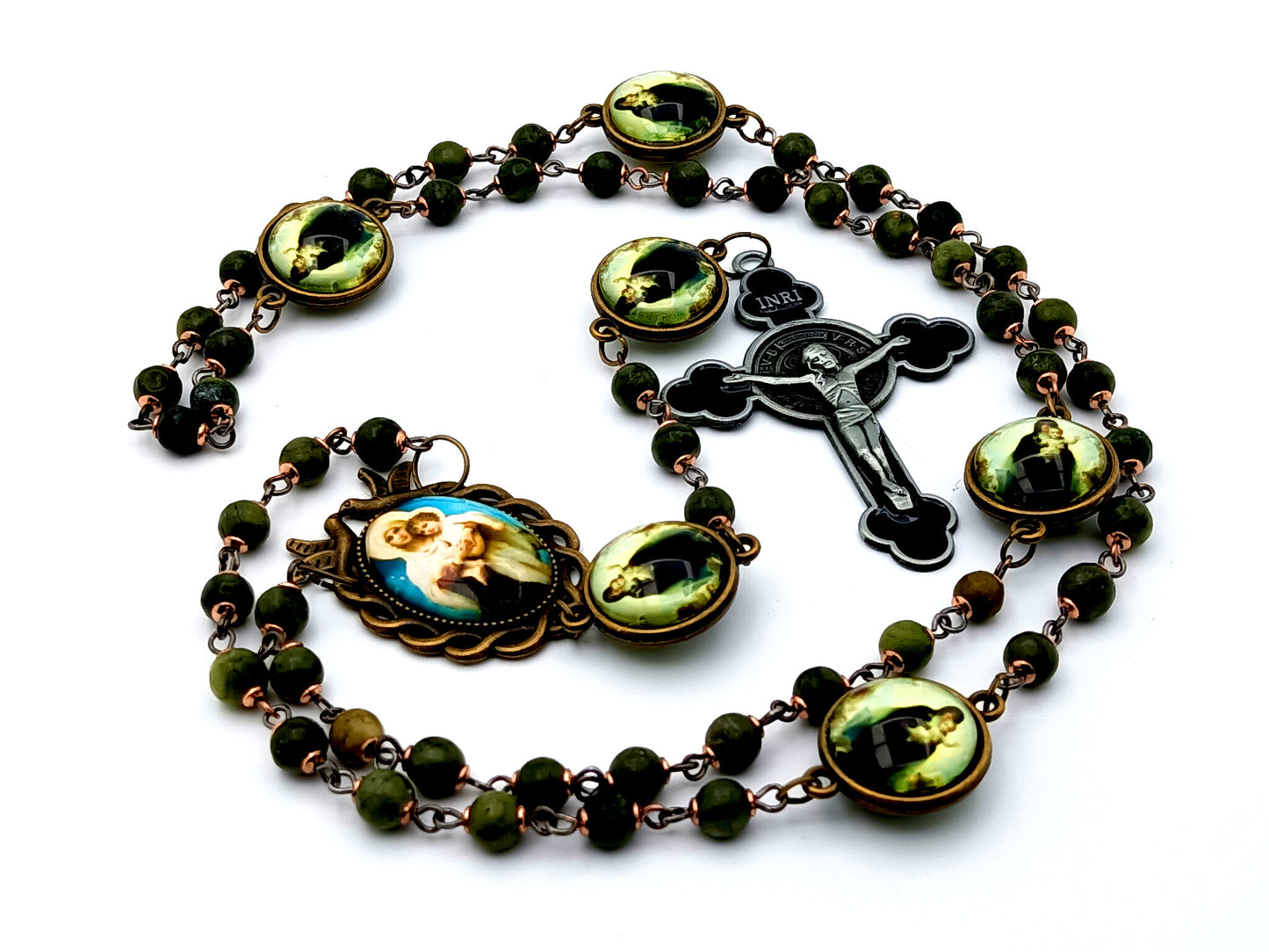 Virgin Mary and Child Jesus unique rosary beads gemstone rosary beads with Holy Spirit domed center medal and Saint Benedict crucifix.