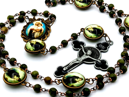 Virgin Mary and Child Jesus unique rosary beads gemstone rosary beads with Holy Spirit domed center medal and Saint Benedict crucifix.