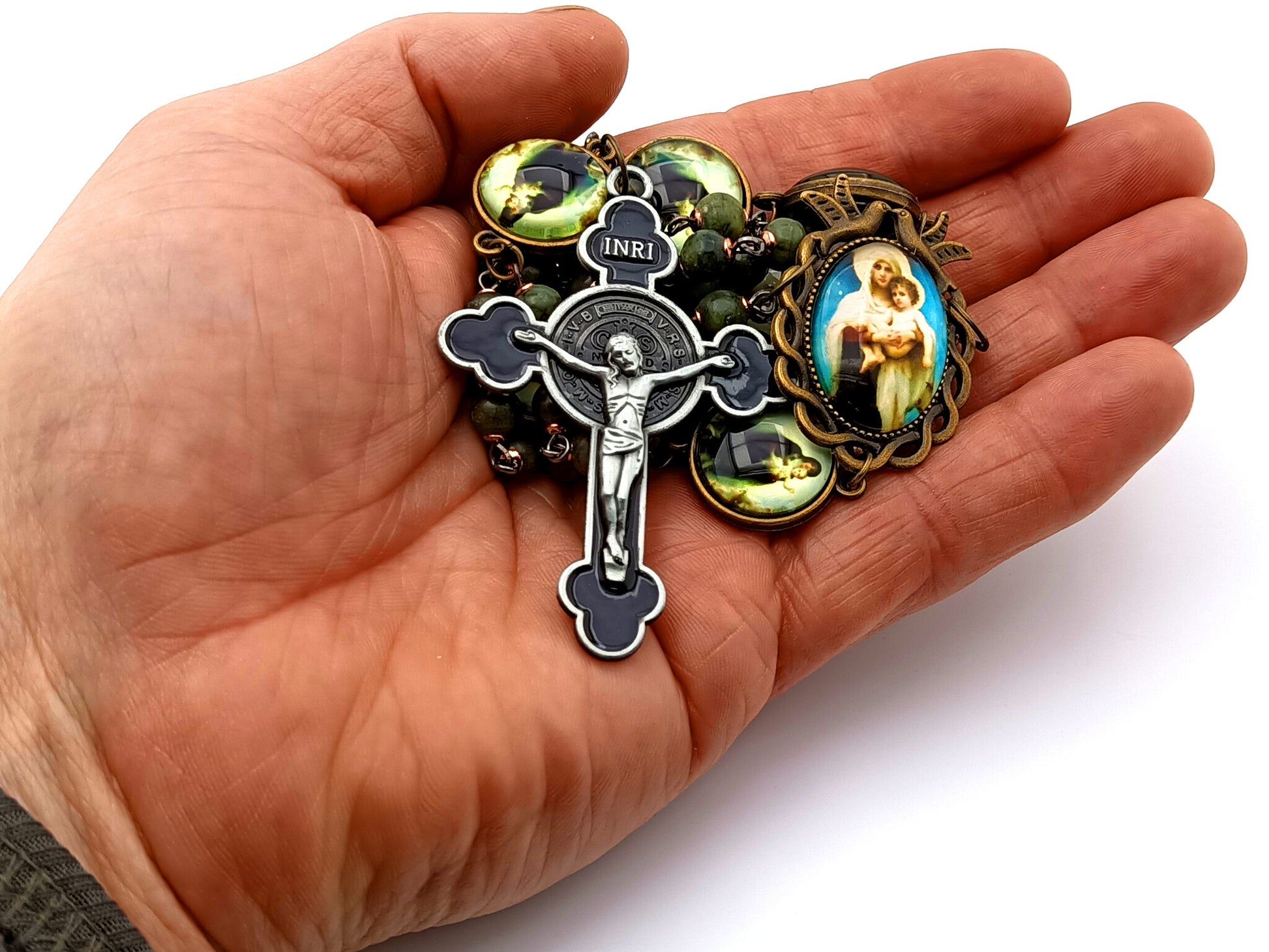 Virgin Mary and Child Jesus unique rosary beads gemstone rosary beads with Holy Spirit domed center medal and Saint Benedict crucifix.