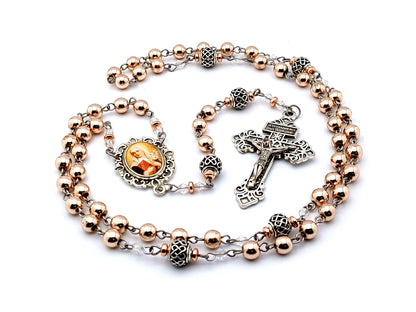 Saint Catherine of Sienna unique rosary beads rose gold gemstone rosary beads with silver lattice Our Father beads and Pardon crucifix.