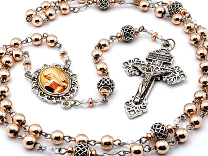 Saint Catherine of Sienna unique rosary beads rose gold gemstone rosary beads with silver lattice Our Father beads and Pardon crucifix.