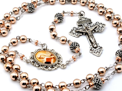 Saint Catherine of Sienna unique rosary beads rose gold gemstone rosary beads with silver lattice Our Father beads and Pardon crucifix.