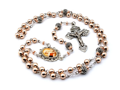 Saint Catherine of Sienna unique rosary beads rose gold gemstone rosary beads with silver lattice Our Father beads and Pardon crucifix.