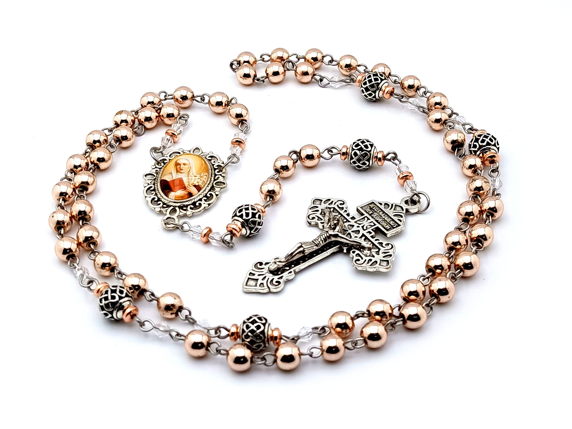 Saint Catherine of Sienna unique rosary beads rose gold gemstone rosary beads with silver lattice Our Father beads and Pardon crucifix.