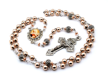 Saint Catherine of Sienna unique rosary beads rose gold gemstone rosary beads with silver lattice Our Father beads and Pardon crucifix.