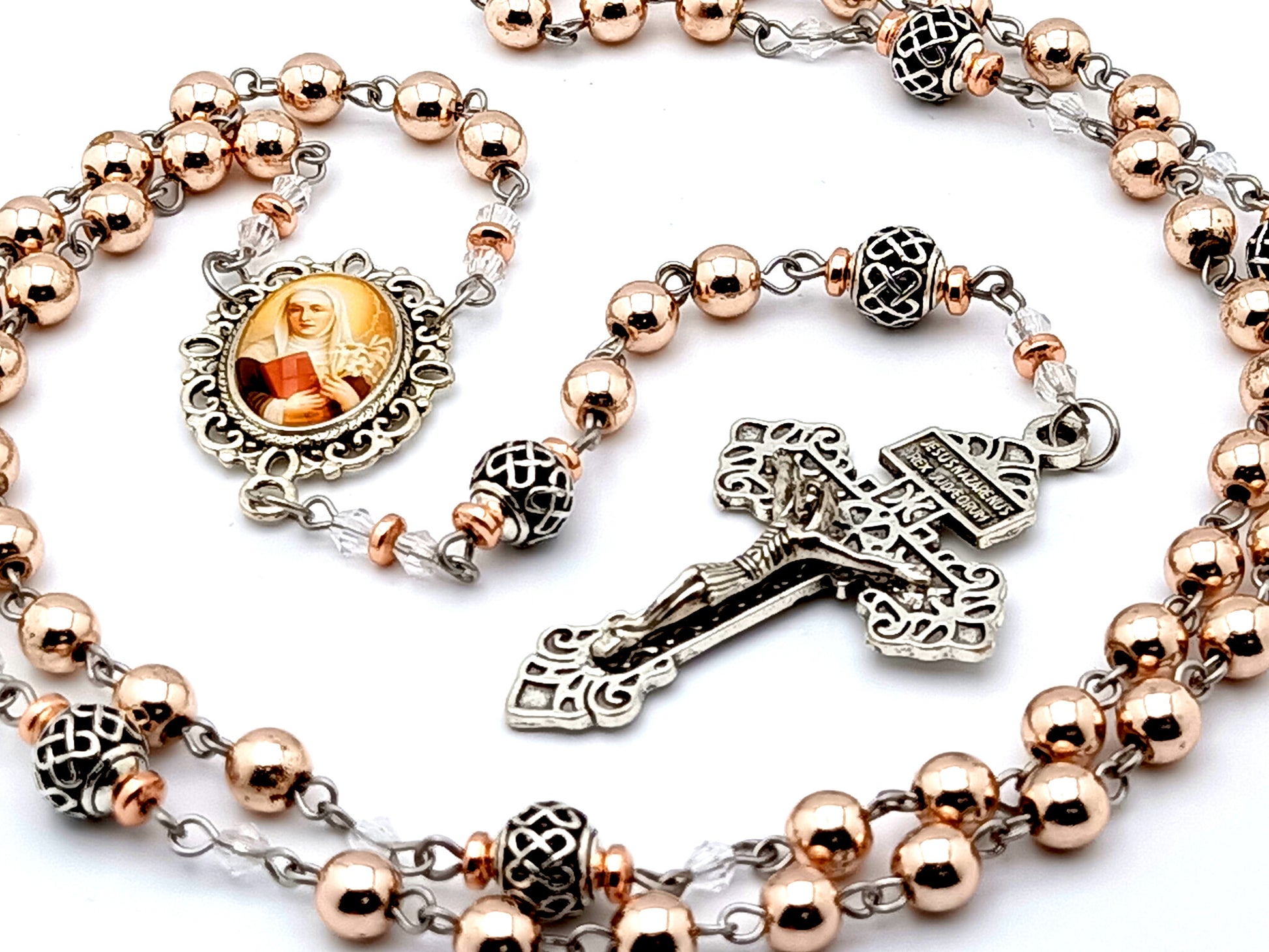 Saint Catherine of Sienna unique rosary beads rose gold gemstone rosary beads with silver lattice Our Father beads and Pardon crucifix.